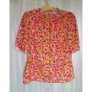 DIRASS Women Floral Chiffon Polyester Blouse Button 3/4 Sleeve Pink M